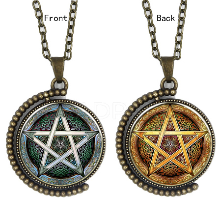 Double-sided Picture Glass Rotatable Pentacle Pendant Necklaces NJEW-F200-33AB-1