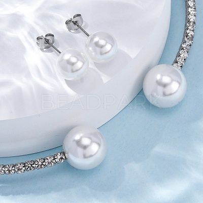 Round Plastic Imitation Pearl Stud Earrings & Rhinestone Cuff Choker Necklaces Sets SJEW-U003-04P-1