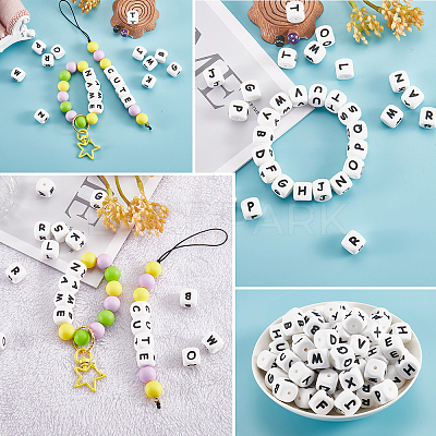 20Pcs White Cube Letter Silicone Beads 12x12x12mm Square Dice Alphabet Beads with 2mm Hole Spacer Loose Letter Beads for Bracelet Necklace Jewelry Making JX432B-1