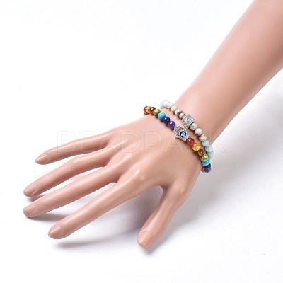 Two Loops Natural & Synthetic Gemstone Beads Warp Stretch Bracelets BJEW-JB04223-1