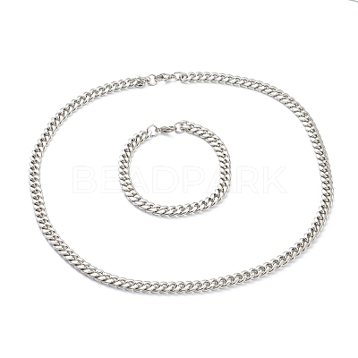 304 Stainless Steel Cuban Link Chain Bracelets & Necklaces Jewelry Sets SJEW-B019-03B-P-1