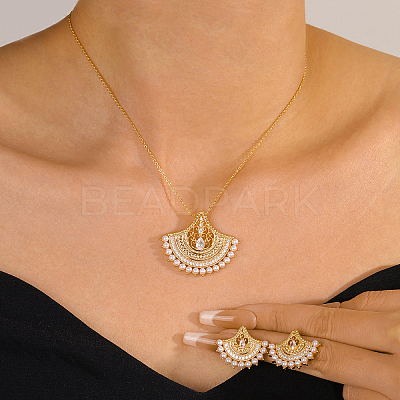 Brass Micro Pave Clear Cubic Zirconia Fan Pendant Necklaces & Stud Earrings Sets for Women SJ9834-1