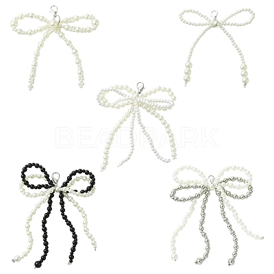5Pcs 5 Styles Bowknot Plastic Imitation Pearl Shoe Charms AJEW-CJ0001-64-1