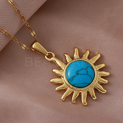 Vintage 304 Stainless Steel Sun Pendant Necklace with Dyed Synthetic Turquoise Stone for Women TN1181-1