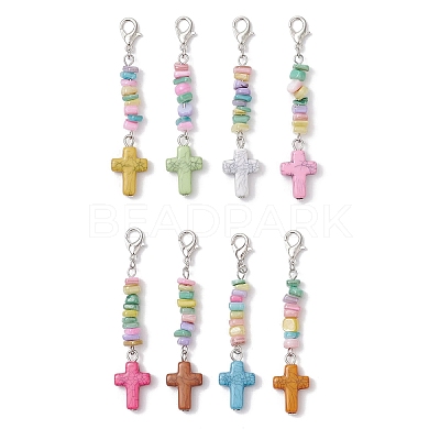 Synthetic Turquoise Cross with Natural Freshwater Shell Nuggets Pendant Decorations HJEW-JM04256-1