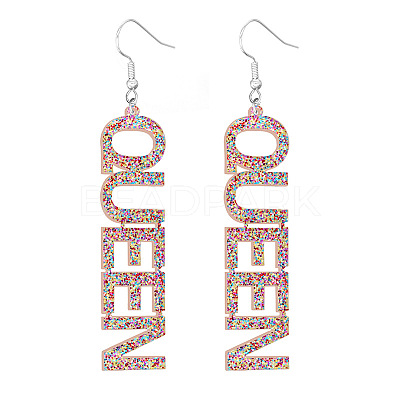 Bling Acrylic Word Queen Dangle Earrings GIPO-PW0001-017O-1