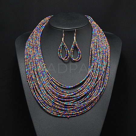 Bohemian Style Glass Seed Beaded Multilayer Necklaces & Teardrop Dangle Earrings Sets WGC1230-03-1