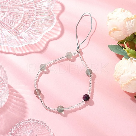 Natural Rainbow Fluorite & Glass Seed Round Beaded Phone Hand Strap Chains HJEW-JM03363-02-1