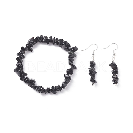 Natural Obsidian Chips Beaded Jewelry Set SJEW-JS01232-01-1