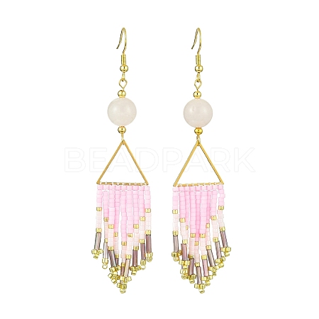 Arrow Tassel Glass Seed with Natural Rose Quartz Dangle Earrings EJEW-MZ00146-1