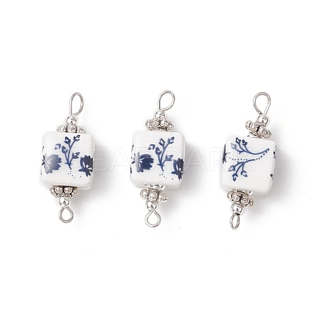 Handmade Flower Printed Porcelain Cube Links PALLOY-JF03965-02-1