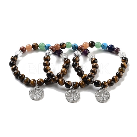 Natural Tiger Eye Round Beaded Chakra Stretch Bracelets BJEW-K251-01E-1