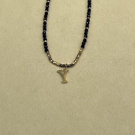 Stainless Steel Initial Pendant Faceted Round Natural Black Spinel Beaded Necklaces for Women ZD9259-25-1