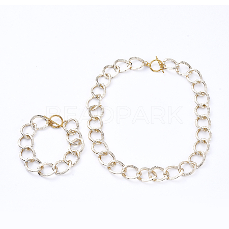 Aluminum Textured Curb Chain Bracelets & Necklaces Jewelry Sets SJEW-JS01094-02-1