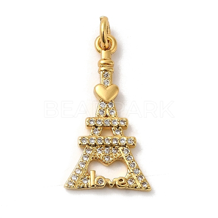 Eiffel Tower with Word Love Rack Plating Brass Micro Pave Clear Cubic Zirconia Pendants KK-K377-35G-1