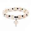 Natural Mashan Jade Skull Beaded Stretch Bracelet with Synthetic Turquoise(Dyed) Cross Charm BJEW-JB08378-01-1