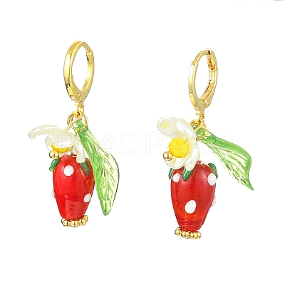 Lampwork Strawberry with Plastic Pearl Flower Dangle Leverback Earring X-EJEW-TA00130-1