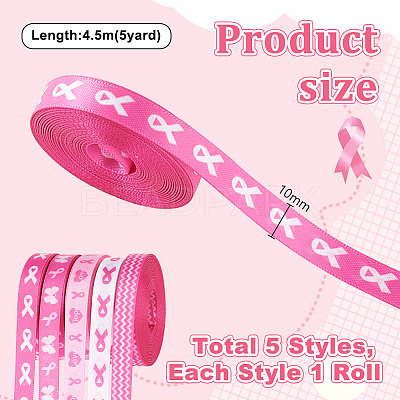 5Rolls 5 Styles Polyester Wave/Breast Cancer Awareness Ribbon Printed Ribbon OCOR-PH0004-22-1