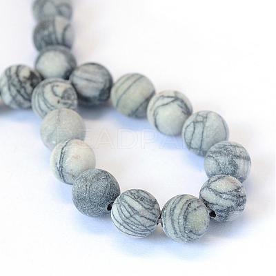 Frosted Natural Black Silk Stone/Netstone Round Bead Strands G-E334-8mm-25-1