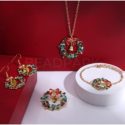 Christmas Wreath & Bell Alloy Rhinestone Pendant Necklaces & Dangle Earrings & Charm Bracelets & Brooch Sets WG06691-09-1