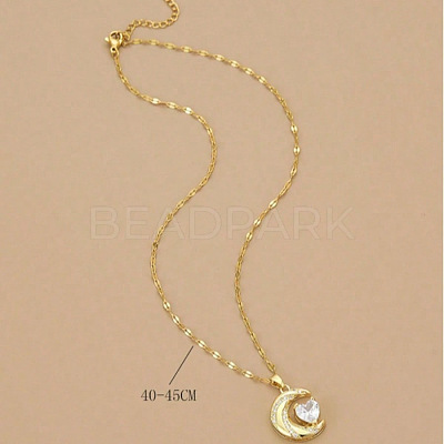 Moon & Heart 304 Stainless Steel Micro Pave Clear Cubic Zirconia Pendant Necklaces FS-WG967E3-01-1