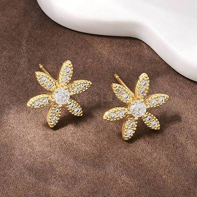 Flower Brass Micro Pave Clear Cubic Zirconia Stud Earrings EJEW-F400-01B-G-1