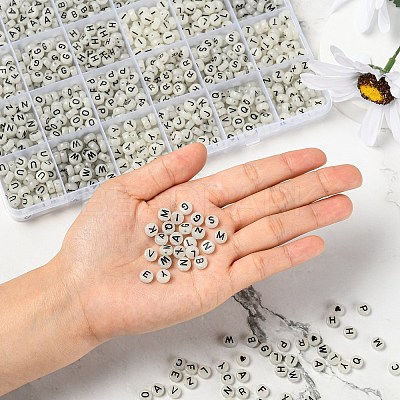 27 Style Flat Round with Black Letter & Heart Acrylic Luminous Beads SACR-YW0001-37-1