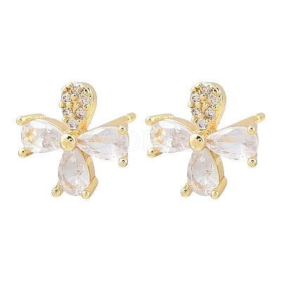 Flower Brass Micro Pave Clear Cubic Zirconia Stud Earrings EJEW-F400-01A-G-1