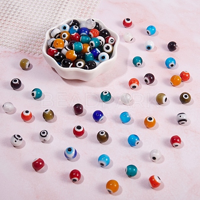 120Pcs 12 Colors Handmade Evil Eye Lampwork Round Bead Strands LAMP-SZ0001-11-1
