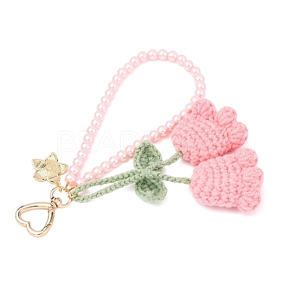 Handmade Cotton Yarn Crochet Lily of the Valley & Glass Pearl Round Bead Pendant Decorations HJEW-JM04389-04-1