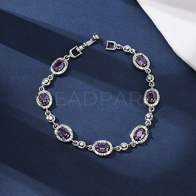 Oval Brass Micro Pave Cubic Zirconia Link Chain Bracelets for Women BJEW-D387-04P-1