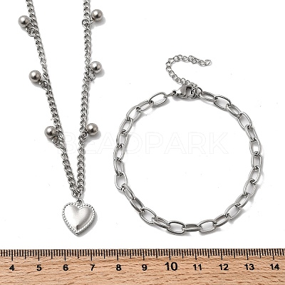 Heart 304 Stainless Steel Double Necklaces & Bracelets Sets for Women SJEW-F226-03P-1