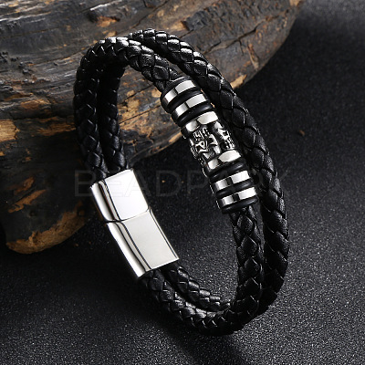 Stainless Steel Skull Beaded Leather Double Layer Multi-strand Bracelet SKUL-PW0004-26C-01-1
