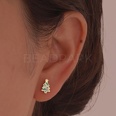 304 Stainless Steel Green Enamel Christmas Cartilage Earrings for Women FS-WG5C804-02-1