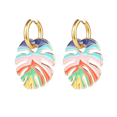 Monstera Leaf Enamel Charm Dangle Hoop Earrings EJEW-JE04853-1