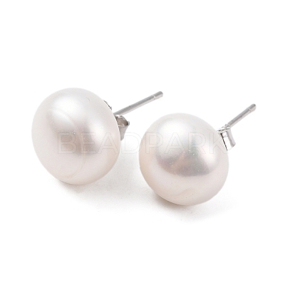 Natural Pearl Round Bead Stud Earrings X-EJEW-E298-01G-01P-1
