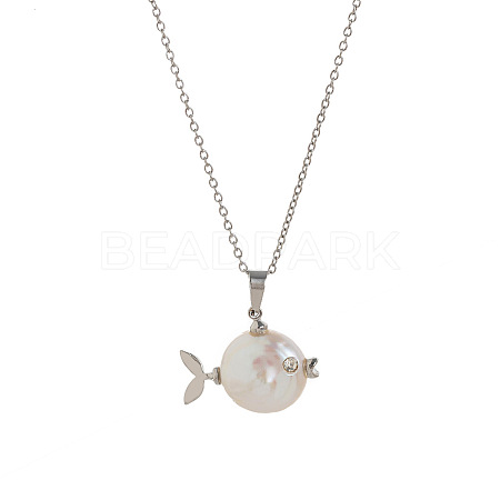 Natural Baroque Keshi Pearl Fish Pendant Brass Chain Necklaces FS-WGF6066-02-1