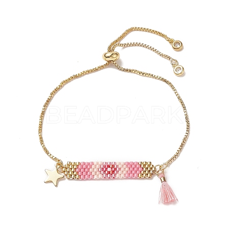 Handmade Japanese Seed Rectangle & Star & Tassel Charms Slider Bracelet BJEW-MZ00013-02-1