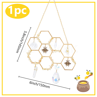 Brass Honeycomb & Yellow Quartz Chip Pendant Decorations HJEW-WH0069-33-1