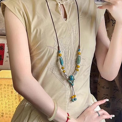 Alloy & Porcelain Beaded Barrel Tassel Pendant Long Bib Necklaces for Women WG23FEE-03-1