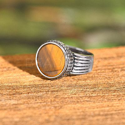 304 Stainless Steel with Natural Tiger Eye Finger Rings for Men FS-WGE1297-05-1