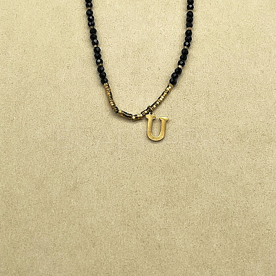 Stainless Steel Initial Pendant Faceted Round Natural Black Spinel Beaded Necklaces for Women ZD9259-21-1