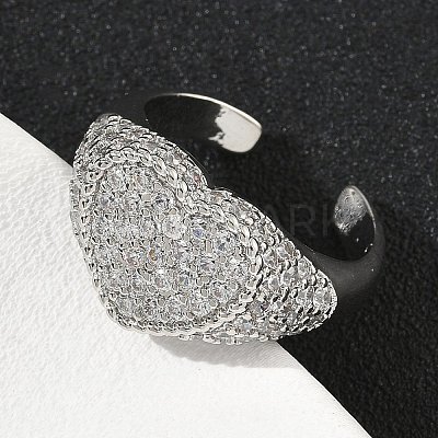 Heart Brass Micro Pave Cubic Zirconia Cuff Rings for Women RJEW-A069-11P-01-1