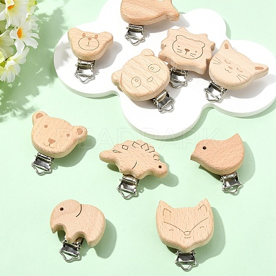 10Pcs 10 Styles Beech Wood Baby Pacifier Holder Clips WOOD-YW0001-94-1