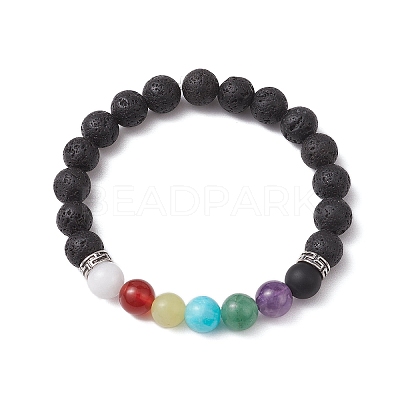 9mm Round Natural Lava Rock Chakra Beaded Stretch Bracelets for Women BJEW-JB10890-1