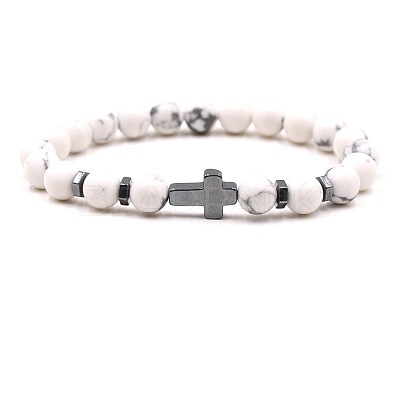 8MM Round Natural Howlite Beaded Stretch Bracelets with Synthetic Non-magnetic Hematite Cross FA1012-3-1