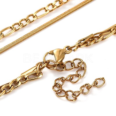 304 Stainless Steel Double Layer Figaro Chain & Herringbone Chain Necklaces for Women NJEW-G140-16C-G-1