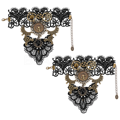 2Pcs Polyester Lace & Alloy & Resin Link Ring Bracelets BJEW-ME0001-25-1