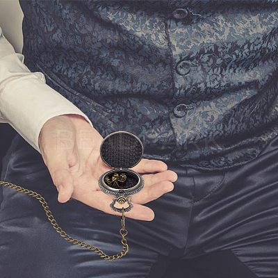 Vintage Alloy Flat Round Dragon Eye Pocket Watch with Brass Curb Chain AJEW-PH0007-67AB-1