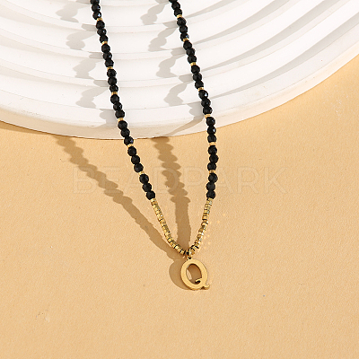 Stainless Steel Initial Pendant Faceted Round Natural Black Spinel Beaded Necklaces for Women ZD9259-17-1